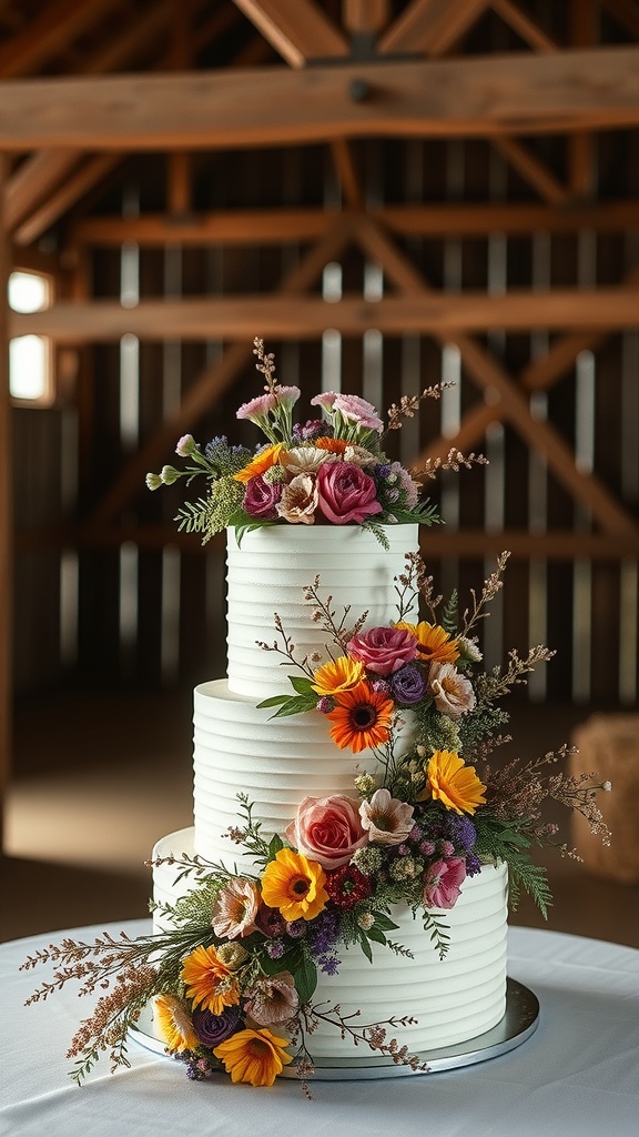 A three-tiered wedding cake decorated with wildflowers in a rustic barn setting.