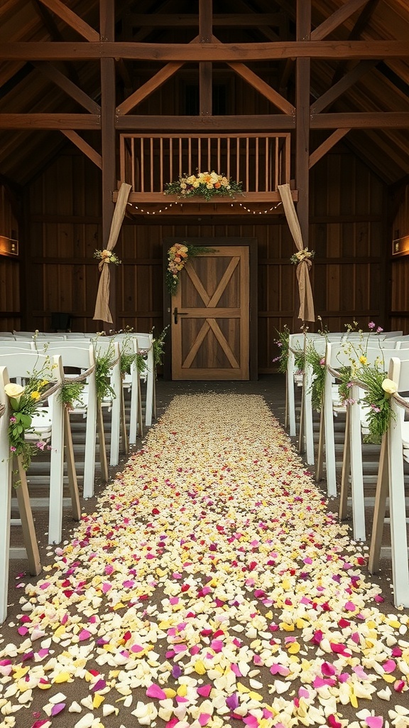 A rustic barn interior with a petal aisle made of colorful flower petals leading to a wooden door.