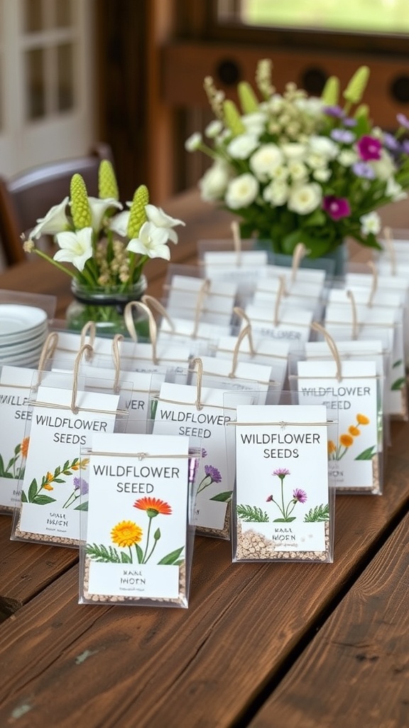 A table with packets of wildflower seeds as wedding favors, surrounded by fresh flowers.