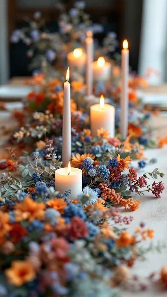 A beautiful table runner featuring blue and orange wildflowers with candles.