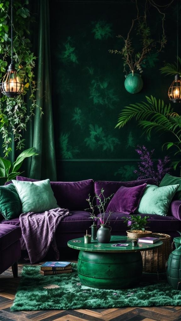 A cozy living room with deep green walls, a purple sofa, and lush plants, creating a witchy-inspired atmosphere.