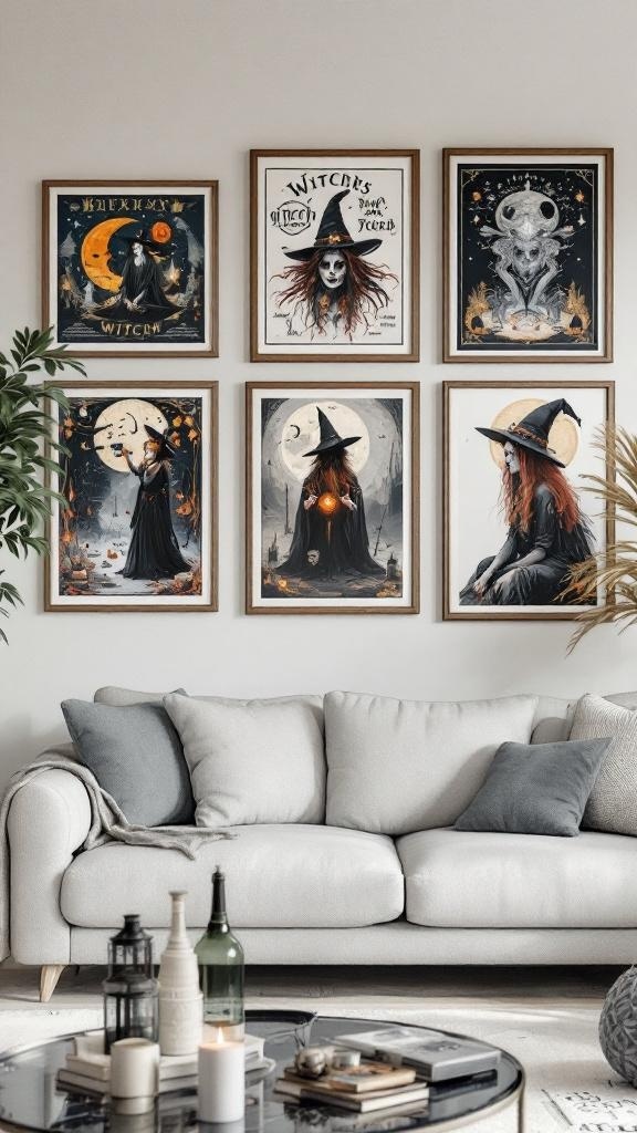 A collection of witch-themed art prints displayed on a wall above a cozy sofa.
