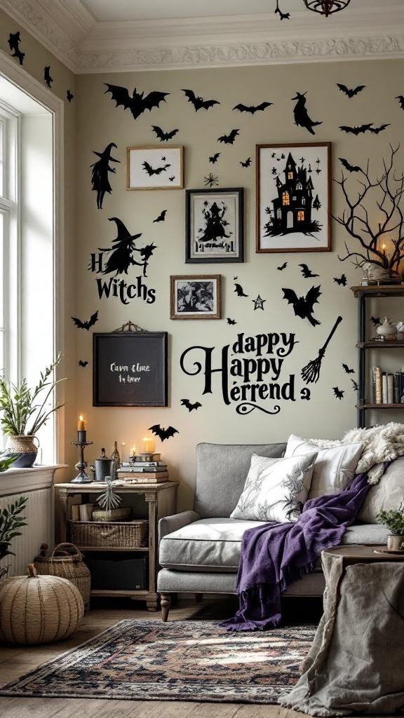A cozy living room with witch-themed wall decals including bats and witches.