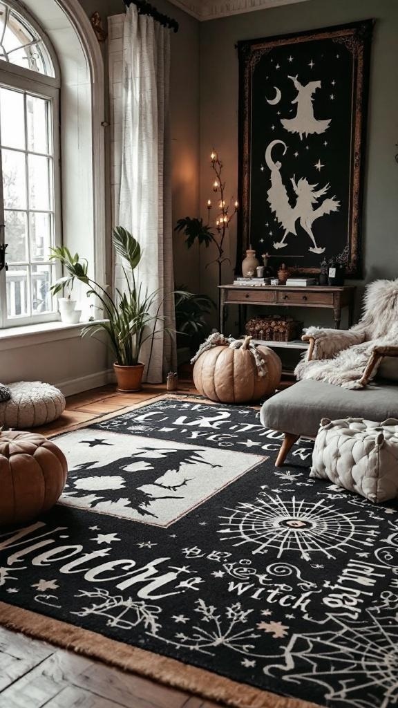 A cozy living room featuring a witchy themed area rug with mystical symbols and dark colors.