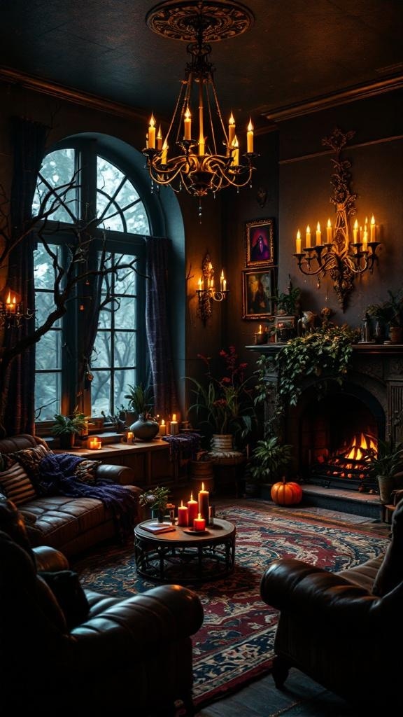 A cozy witchy living room with dark lighting, candles, and a chandelier.