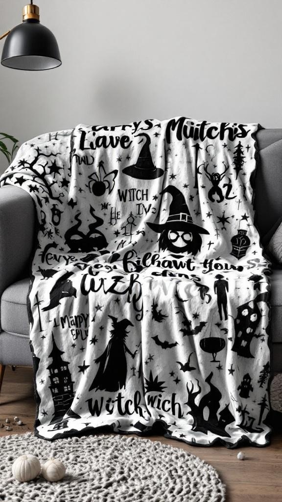 A cozy throw blanket with witch-themed designs draped over a sofa.