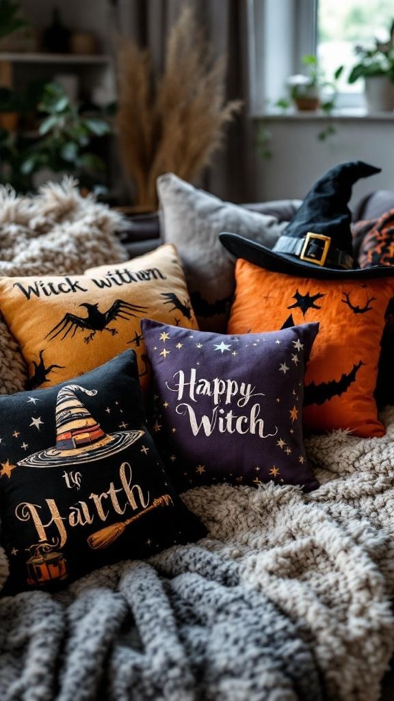 A collection of witch-themed throw pillows in various colors and designs, featuring phrases like 'Happy Witch' and illustrations of witches' hats and brooms.