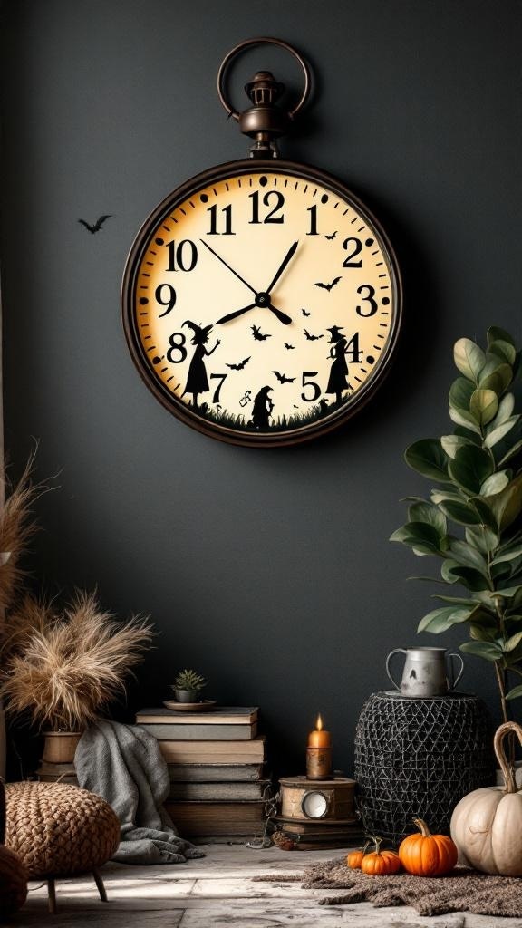 A witchy themed wall clock with silhouettes of witches and bats on a dark wall.