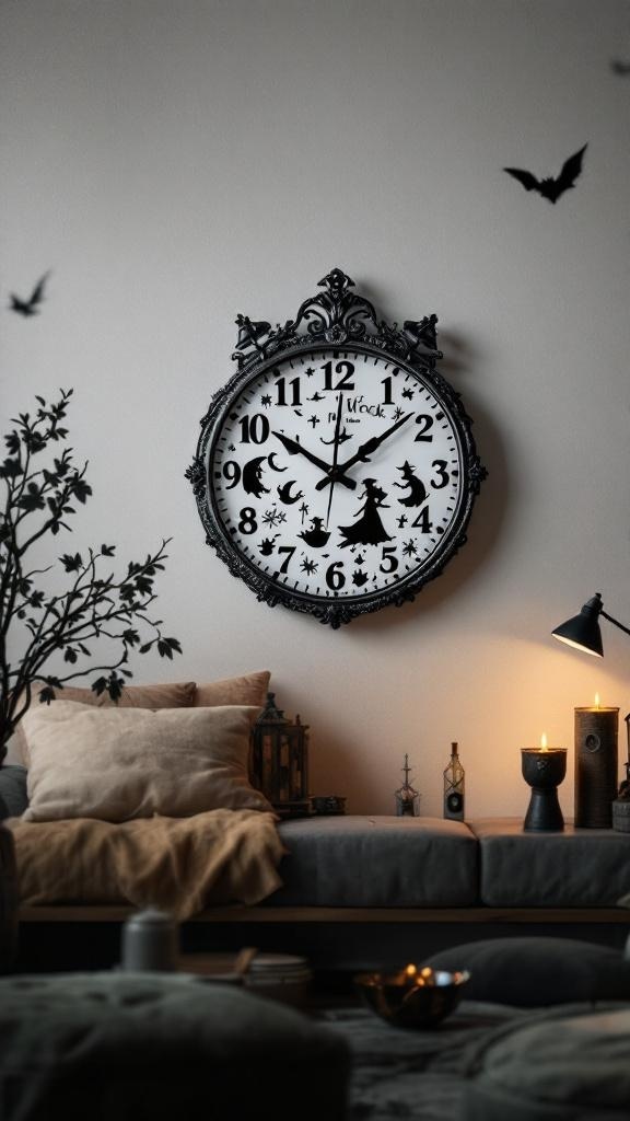 A decorative wall clock with witch-themed designs, featuring moons, stars, and a witch silhouette.