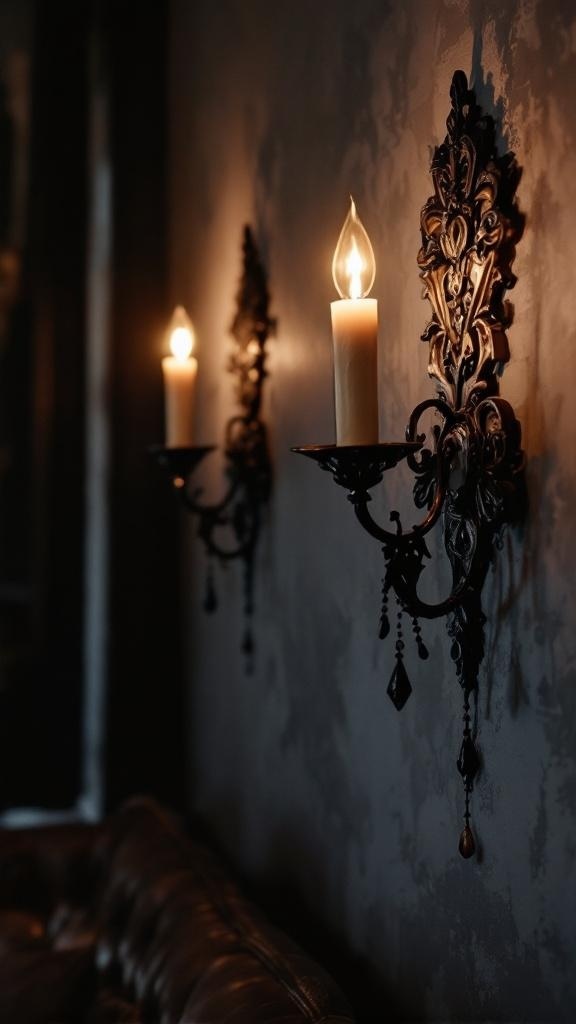 Two ornate wall sconces with candles illuminating a dark wall.