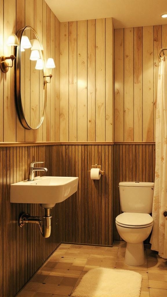 A bathroom featuring warm wood paneling, a round mirror, and modern fixtures.