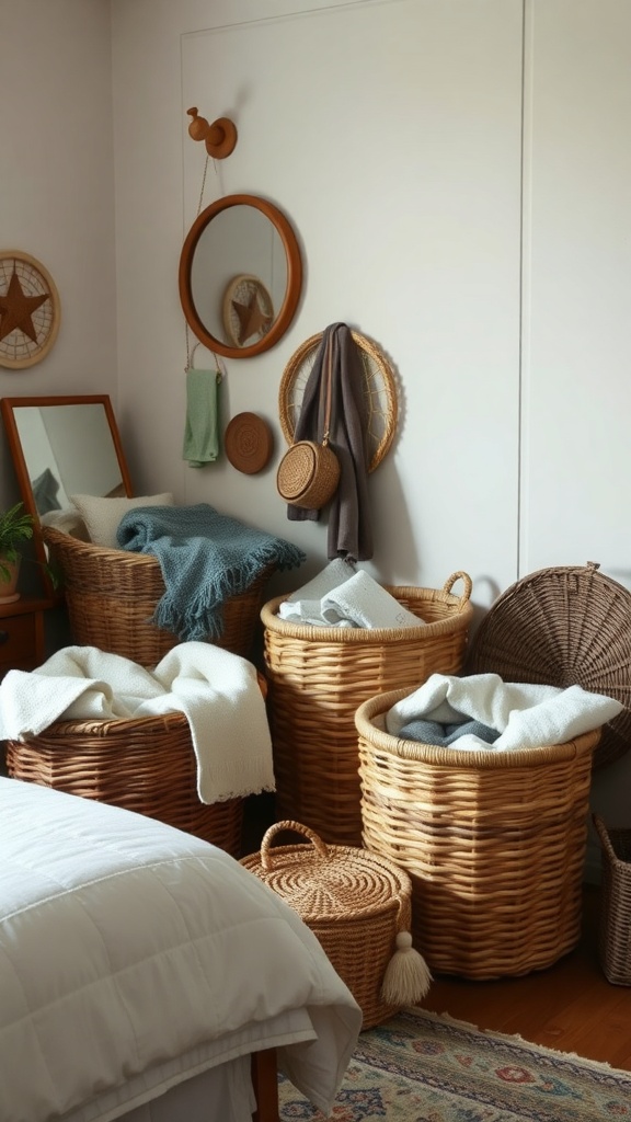 A cozy bedroom corner featuring woven baskets for organization.