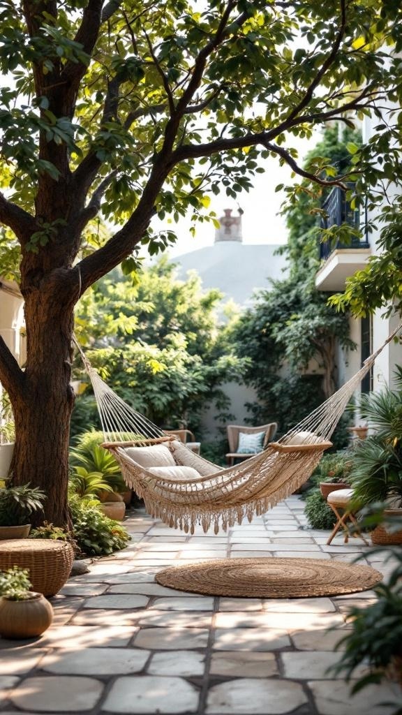 A cozy woven hammock hanging between trees in a lush patio setting.