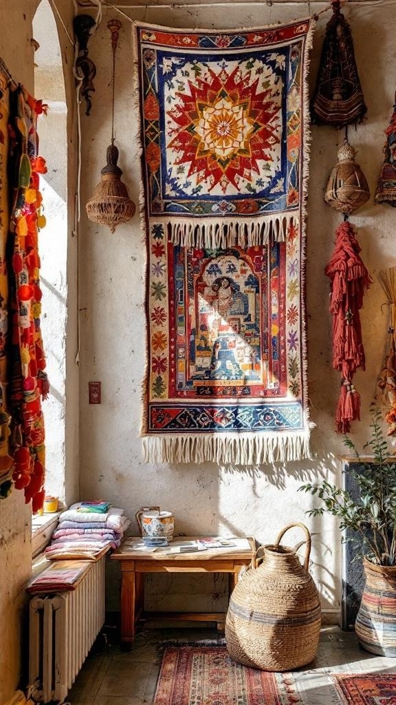 A cozy living room featuring colorful woven textiles and tapestries on the walls.