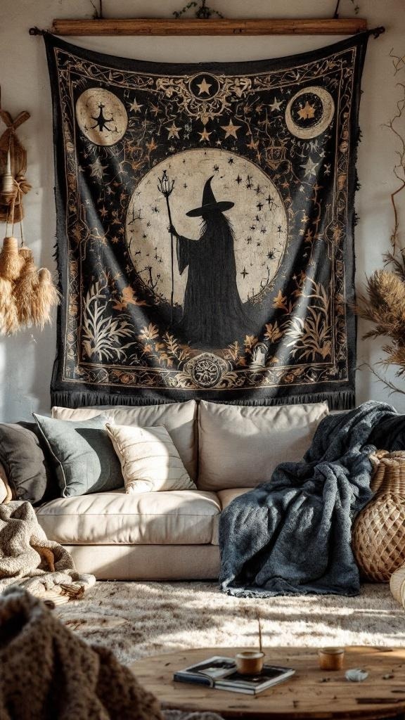 A cozy living room featuring a woven wall tapestry with a witch design, complemented by soft furnishings and a wooden coffee table.