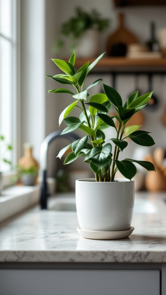A healthy Zamioculcas Zamiifolia plant in a white pot on a kitchen countertop.
