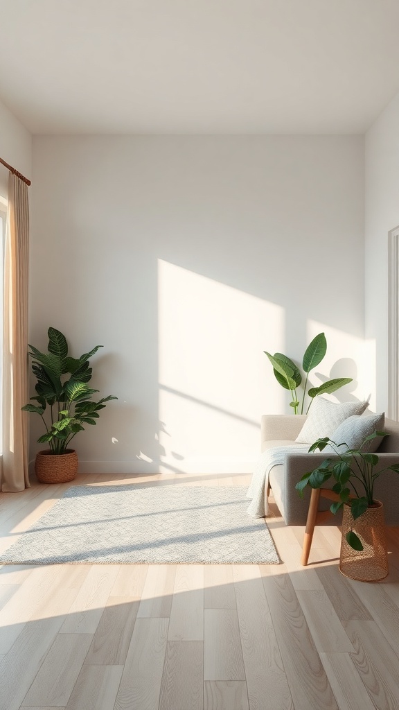 A minimalist living room with plants, soft lighting, and a cozy chair.
