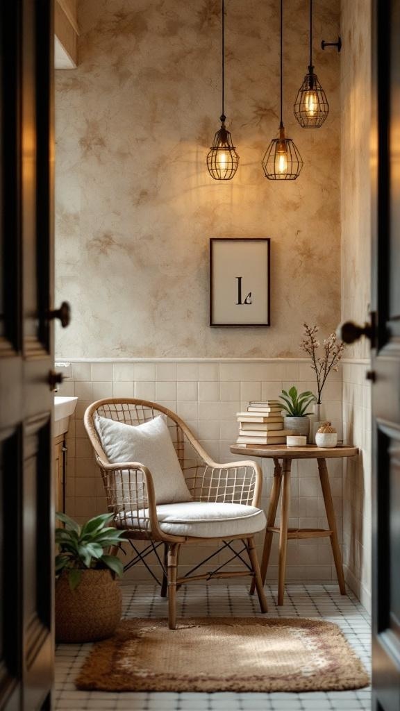 A cozy bathroom nook with a chair, table, books, and plants, illuminated by warm lights.