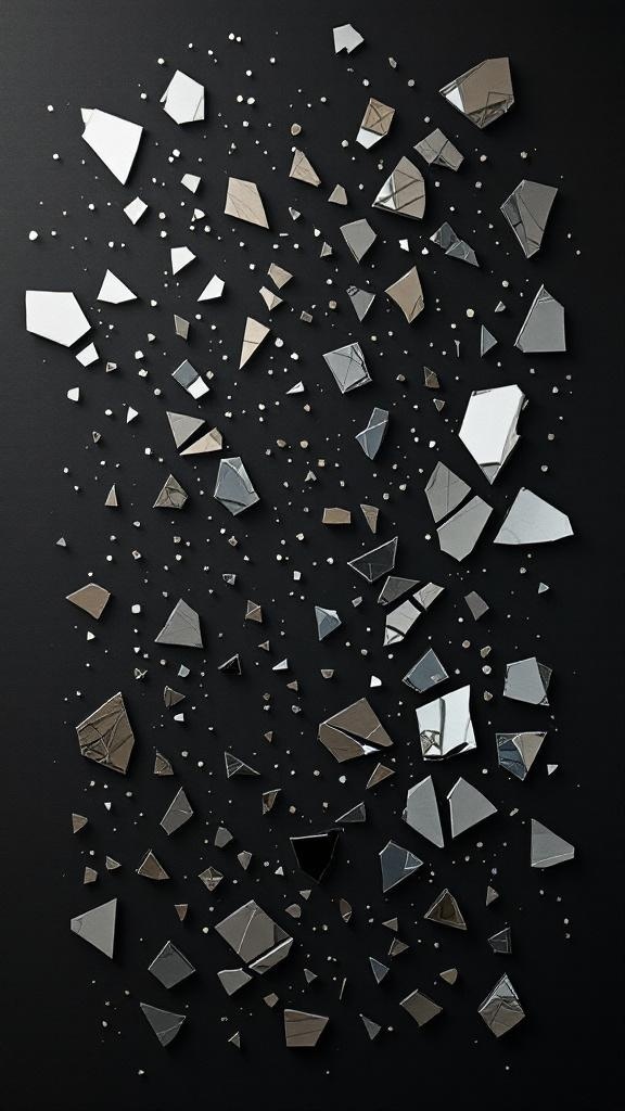 A collection of broken mirror fragments arranged on a black background.