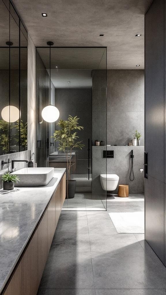 A modern bathroom featuring sleek concrete surfaces, a large mirror, and a plant for decoration.
