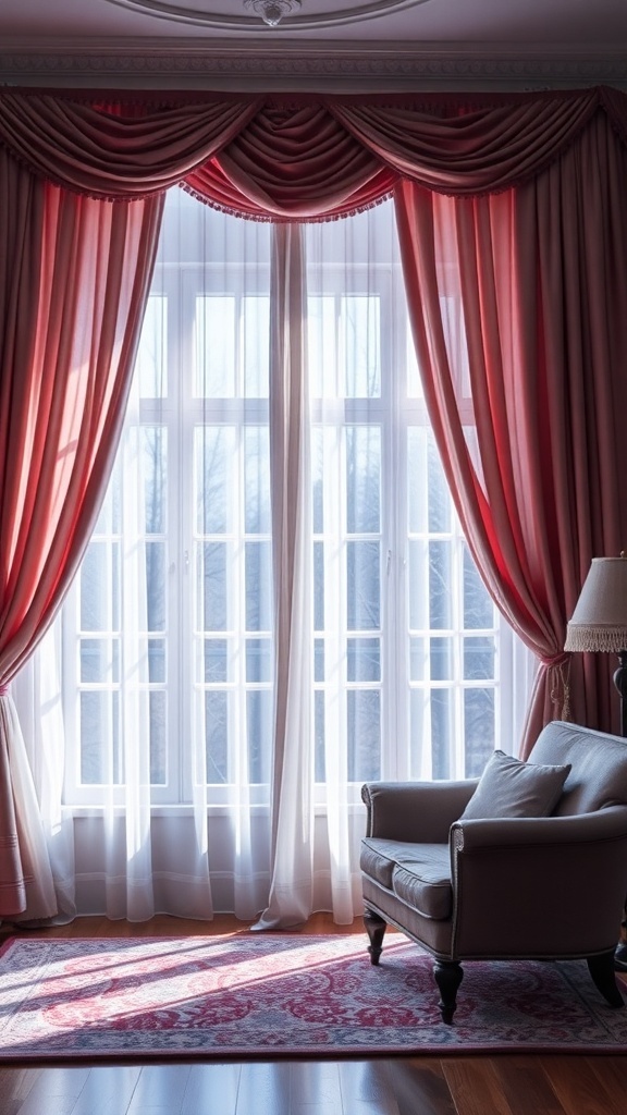Elegant window treatments with rich curtains framing a bright window in a cozy living room.