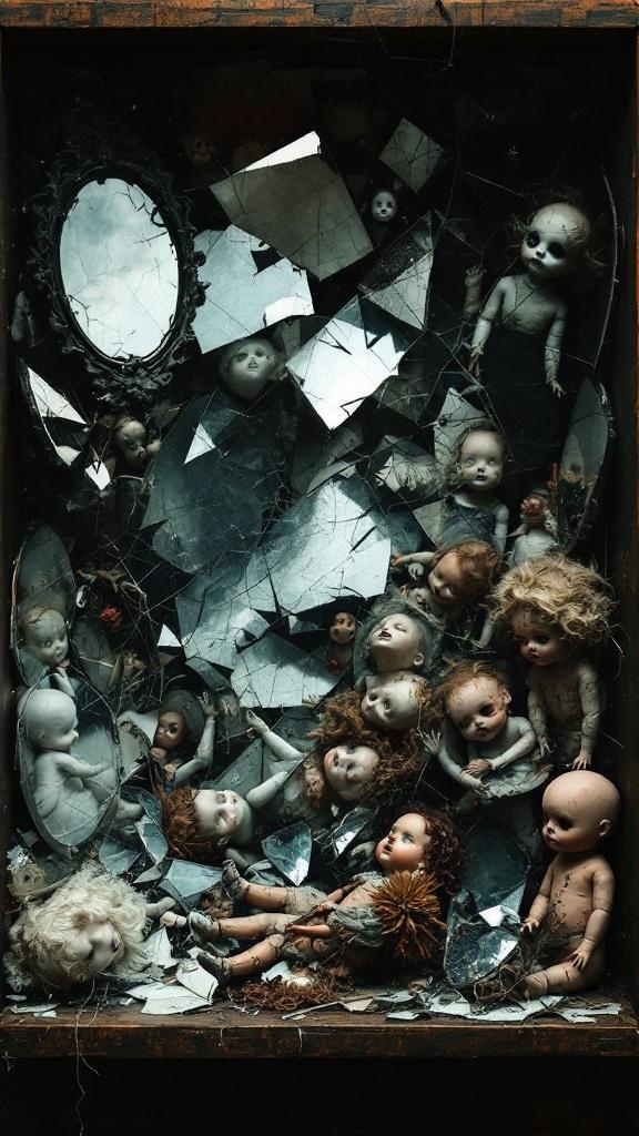 A shadow box filled with thrifted dolls and broken mirrors, creating a mystical display.