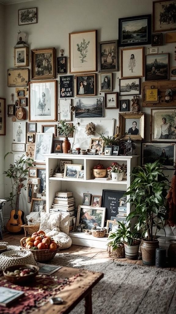 A cozy living room with a gallery wall of framed photos, plants, and a wooden table.