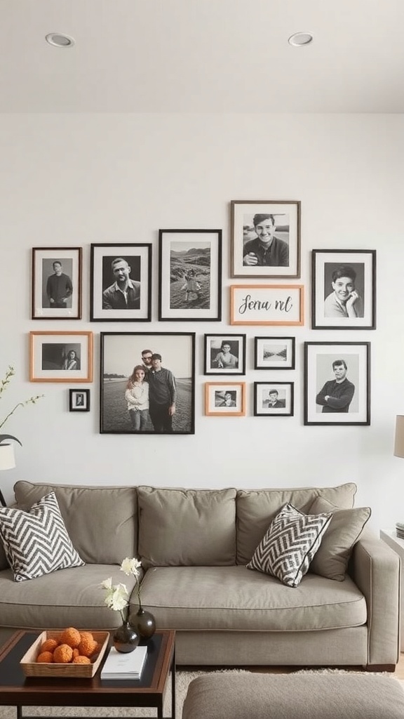 A cozy living room with a wall of personalized black and white framed photos.