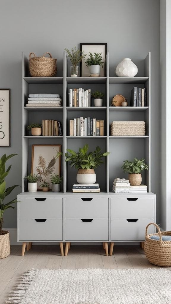 A stylish gray storage unit with open shelves and drawers, adorned with plants and decorative items.