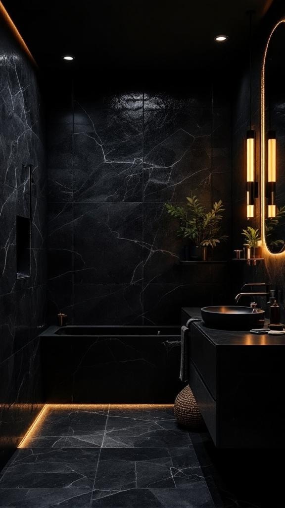 A dark bathroom with mood lighting, featuring black marble walls and warm light accents.