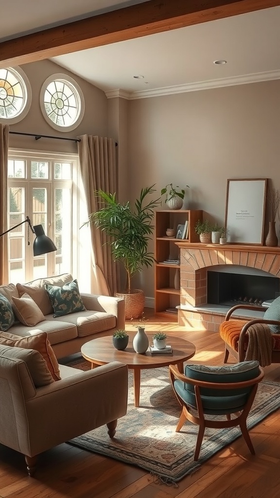 Cozy living room with soft seating, plants, and warm lighting.