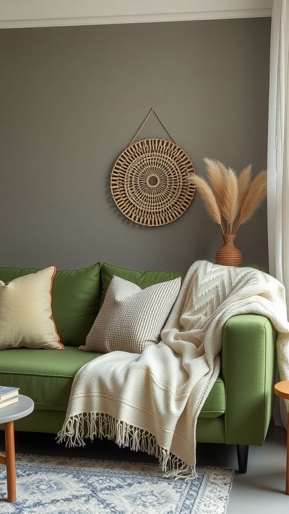 A cozy olive green sofa with knitted pillows and a soft throw blanket, complemented by a woven wall hanging and a round coffee table.