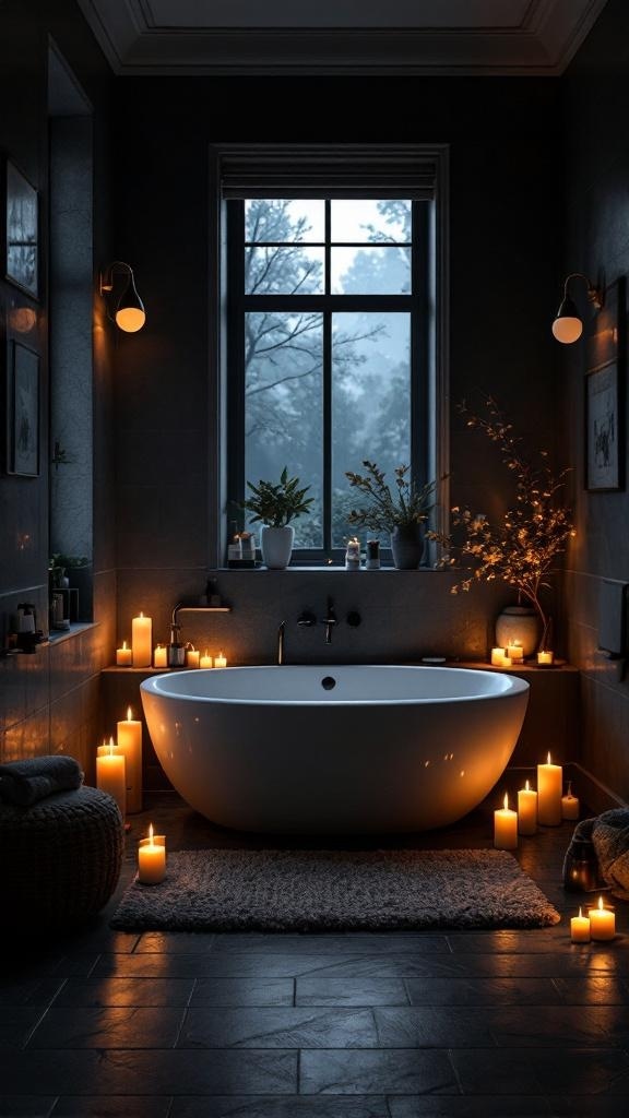 A dark bathroom with a freestanding bathtub surrounded by lit candles, creating a warm and inviting atmosphere.