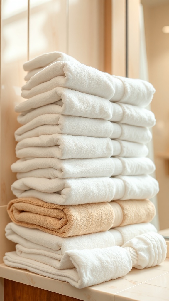 Stack of soft white and beige towels neatly arranged on a bathroom counter.