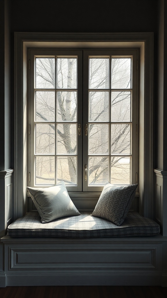 A cozy cushioned window seat with pillows, bathed in natural light from the window.