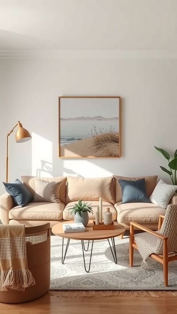 A cozy living room featuring a beach scene artwork, a soft sofa, and warm lighting.