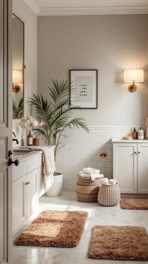 A serene bathroom featuring earthy-toned bath mats, a plant, and warm lighting.