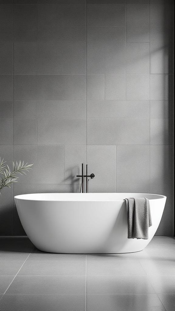 A modern white freestanding bathtub against grey tiled walls.