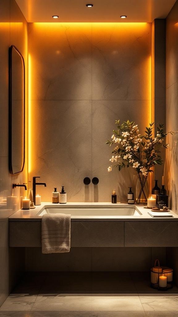 A spa-inspired bathroom with warm lighting and natural decor.