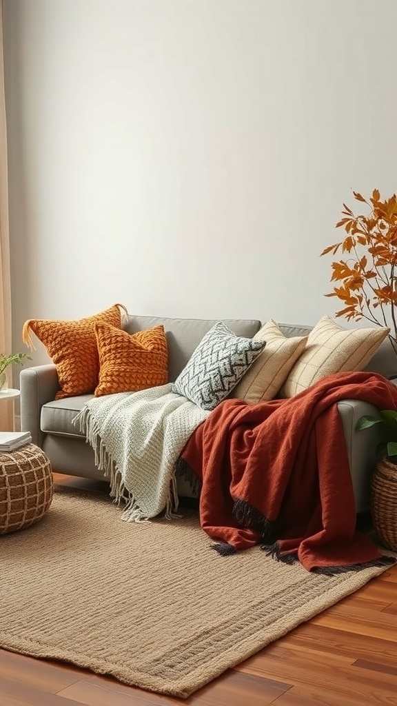 A cozy living room with a gray sofa adorned with colorful textured throws and pillows, featuring autumn decor.