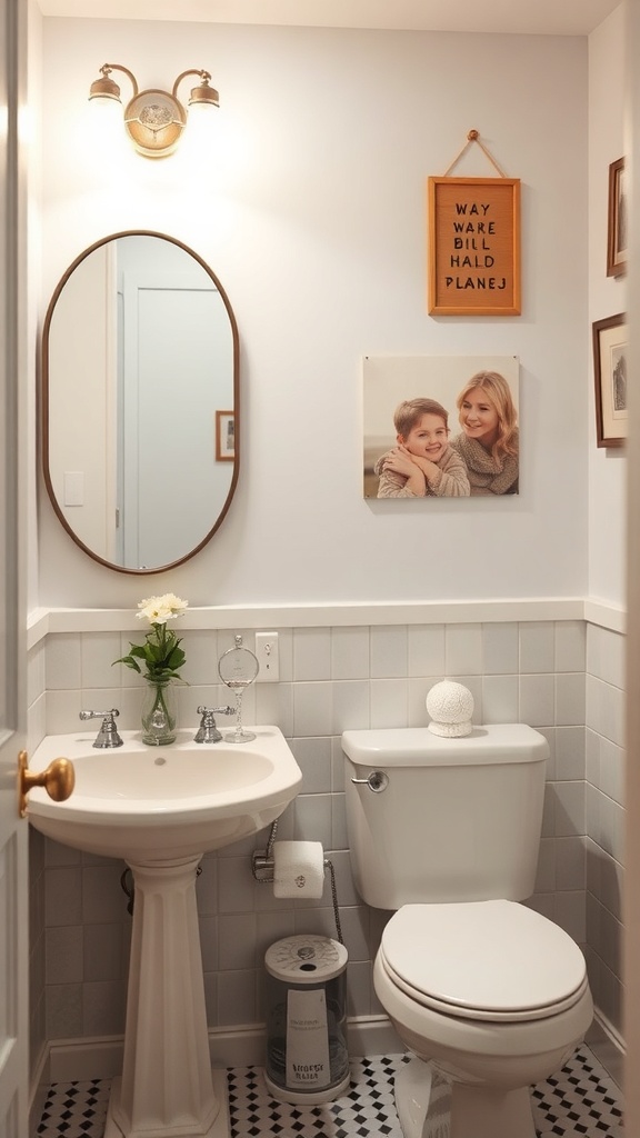 A cozy bathroom featuring a mirror, sink, and decorative wall art.