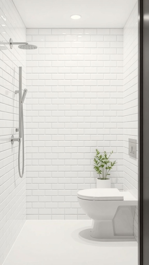 A modern bathroom with white tile walls, a shower, and a small plant.