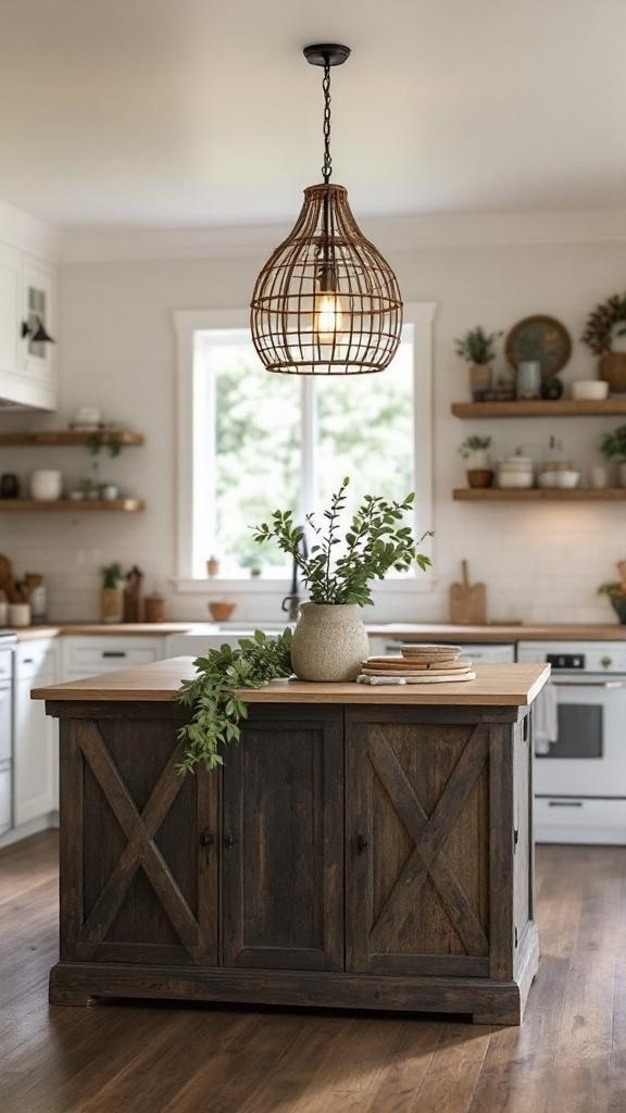 A rustic hanging basket chandelier above a wooden kitchen island.