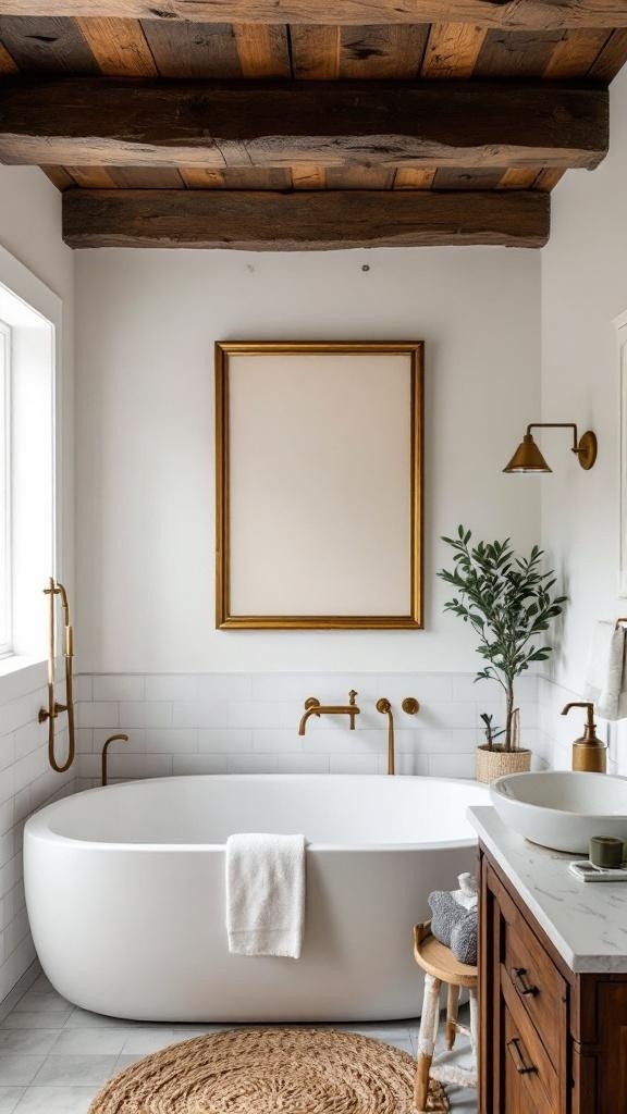 A bathroom featuring dark wood beams, a freestanding tub, and modern fixtures.
