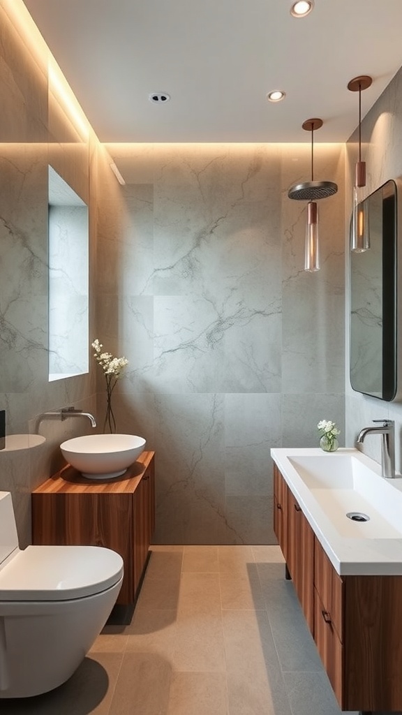 A modern bathroom featuring marble flooring, white tile walls, and wooden accents.