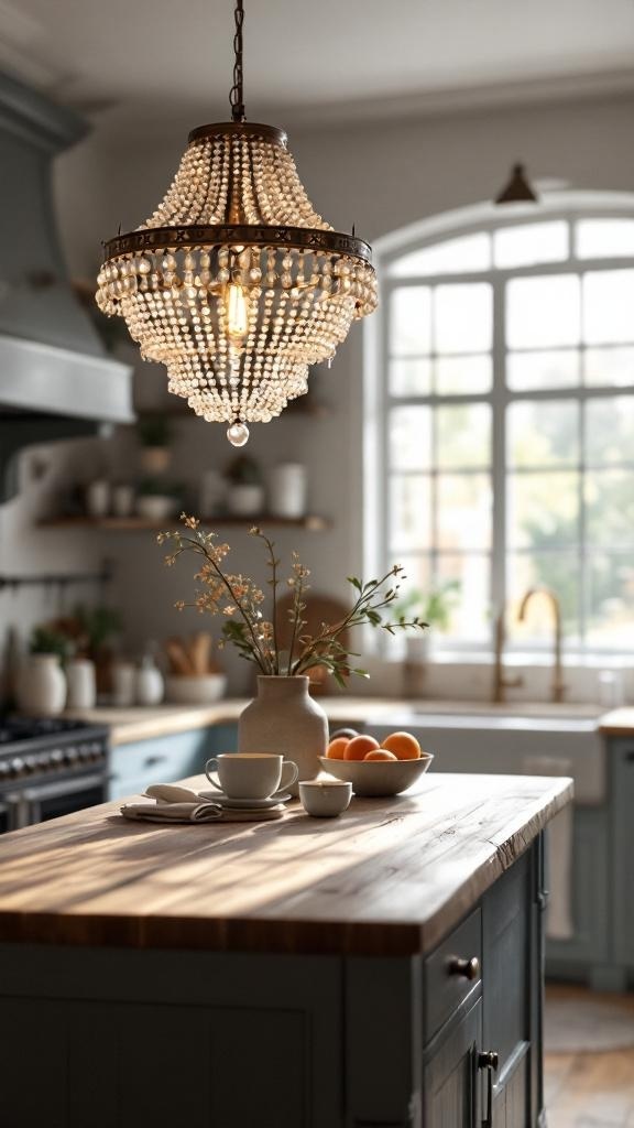 A beautiful beaded chandelier hanging over a kitchen island with a wooden countertop.