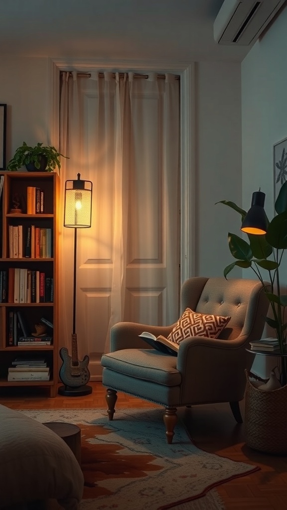 Cozy living room nook with a chair, lamp, and bookshelf.