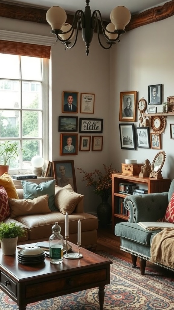 A cozy living room with unique souvenirs and decor.
