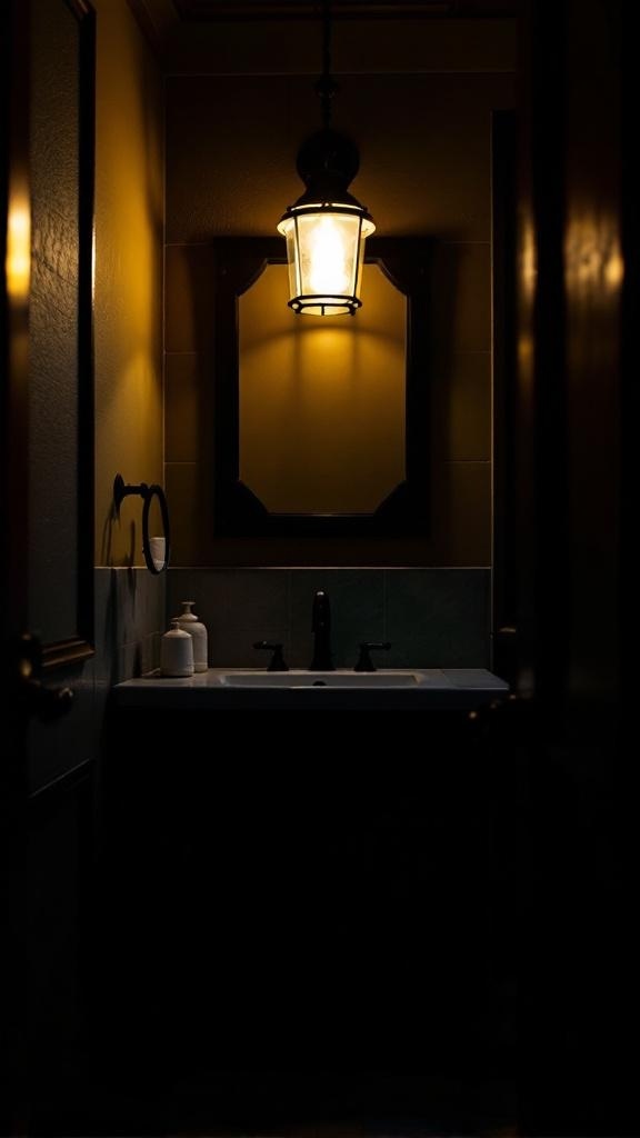 A dark bathroom featuring a vintage lantern light fixture above a sink.