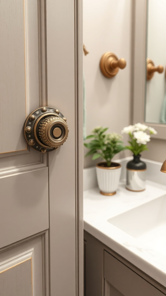 Close-up of a decorative door knob in a stylish bathroom setting.